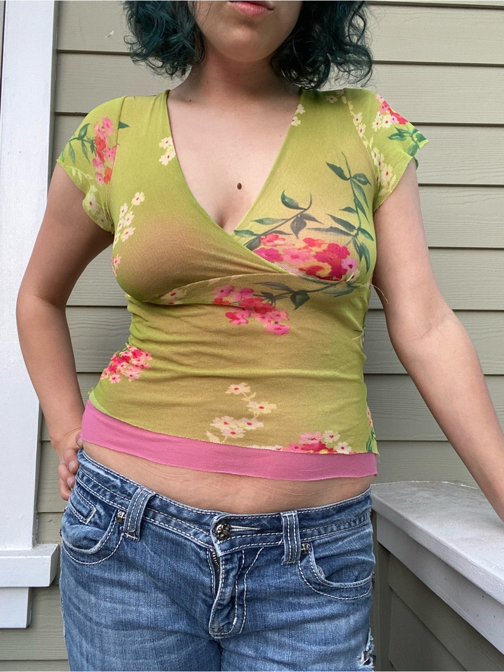 Sweet Pea Y2K Floral Wrap-Style Mesh Top in Lime Green and Pink